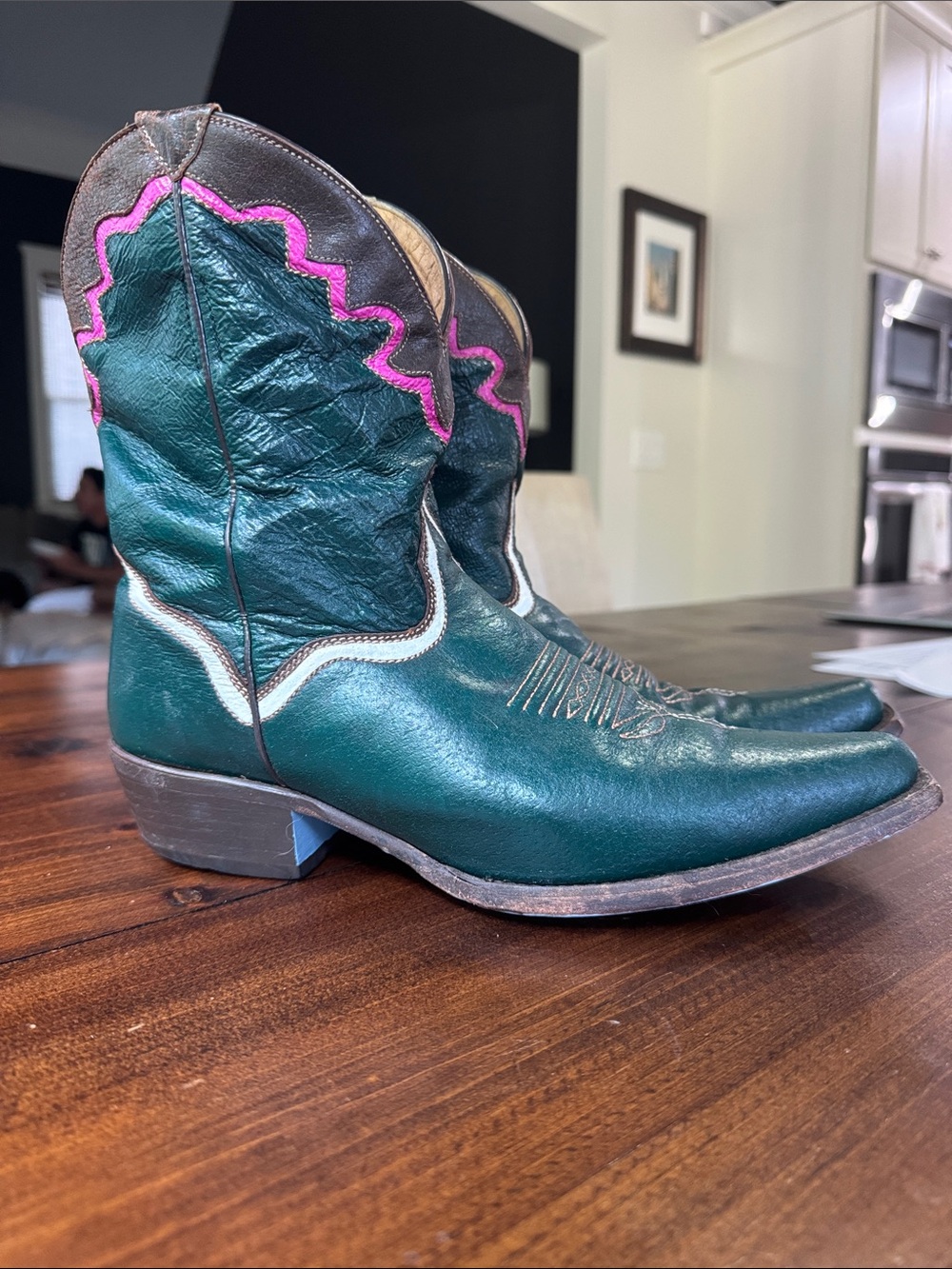 J.B. Dillon Teal Western Boots with Pink Trim